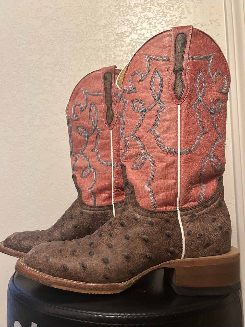 Cavender’s Women’s Intrepid Corral/Brown Ostrich Print Leather Square Toe Boot